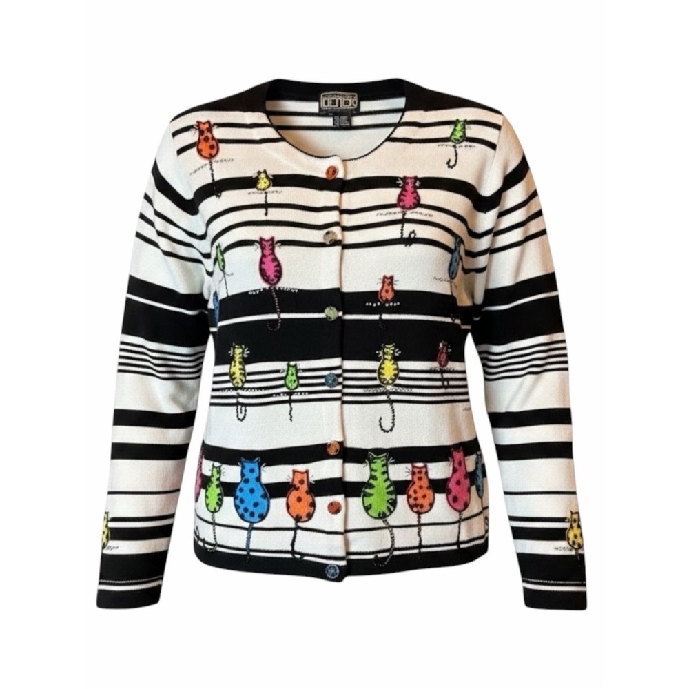 Berek‎ Beaded Cat Cardigan Sweater M Vintage Novelty Kitty Artwear Striped